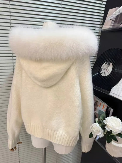 Cardigan Femme Tricoté à Capuche et Col en Fourrure