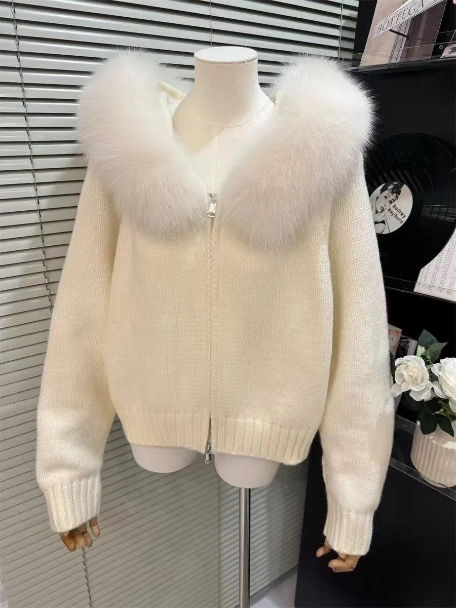 Cardigan Femme Tricoté à Capuche et Col en Fourrure