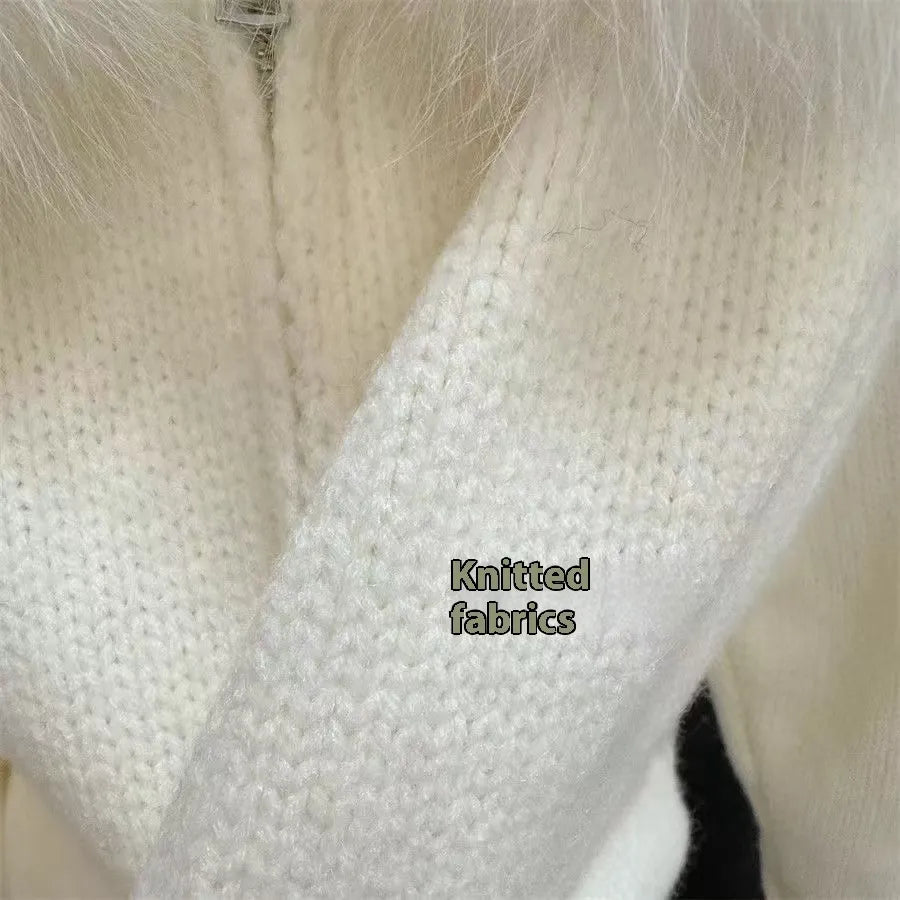 Cardigan Femme Tricoté à Capuche et Col en Fourrure