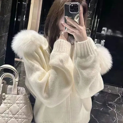 Cardigan Femme Tricoté à Capuche et Col en Fourrure